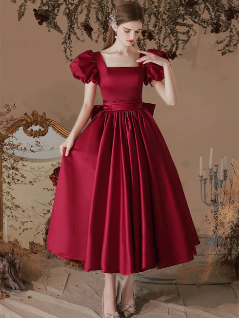 Wine Red Satin Tea Length Short Sleeves Party Dress, Wine Red Satin Homecoming Dress